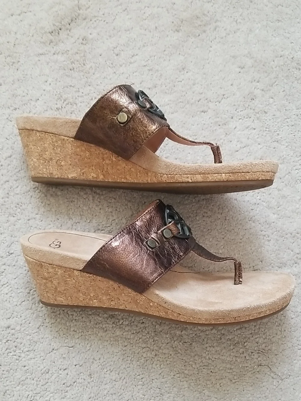UGG Briella Bronze Leather Cork Wedge Thong Sandals